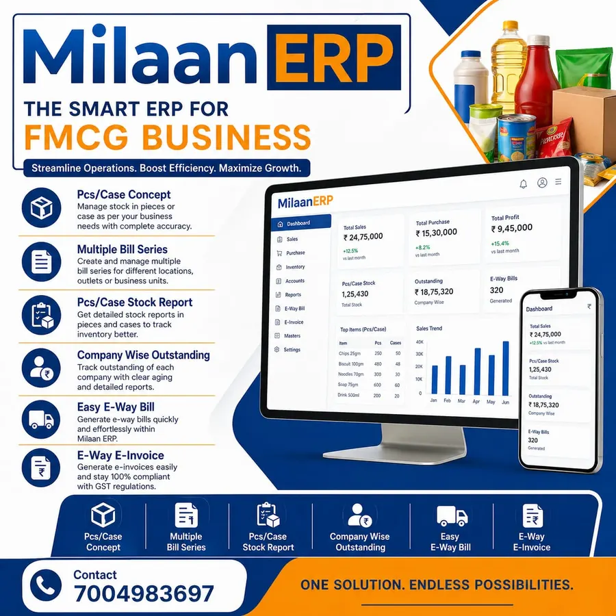 Milaan ERP for FMCG Business - Pcs/Case stock management, multiple bill series, e-way bill, e-invoice and company-wise outstanding tracking for FMCG distributors and wholesalers in India.