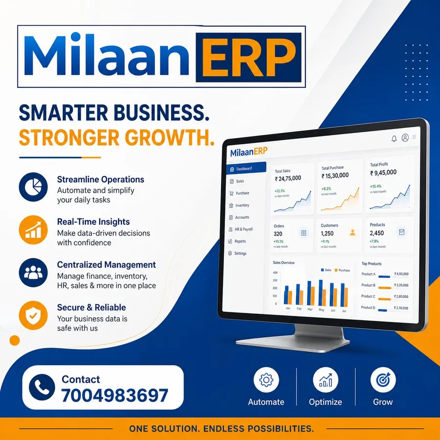 Milaan ERP cloud software dashboard - Smarter Business, Stronger Growth. Automate operations, real-time insights, GST billing and inventory management for Indian businesses.