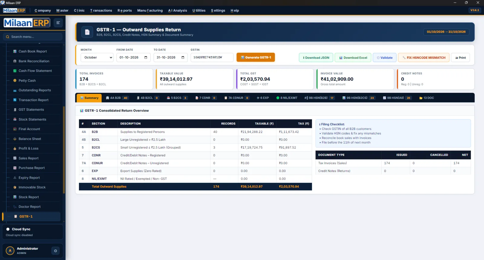 GSTR-1 outward supplies return with B2B, B2CS and HSN summary