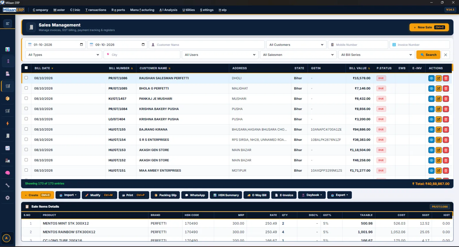 Sales management screen with GST invoices, payment status and e-invoice actions
