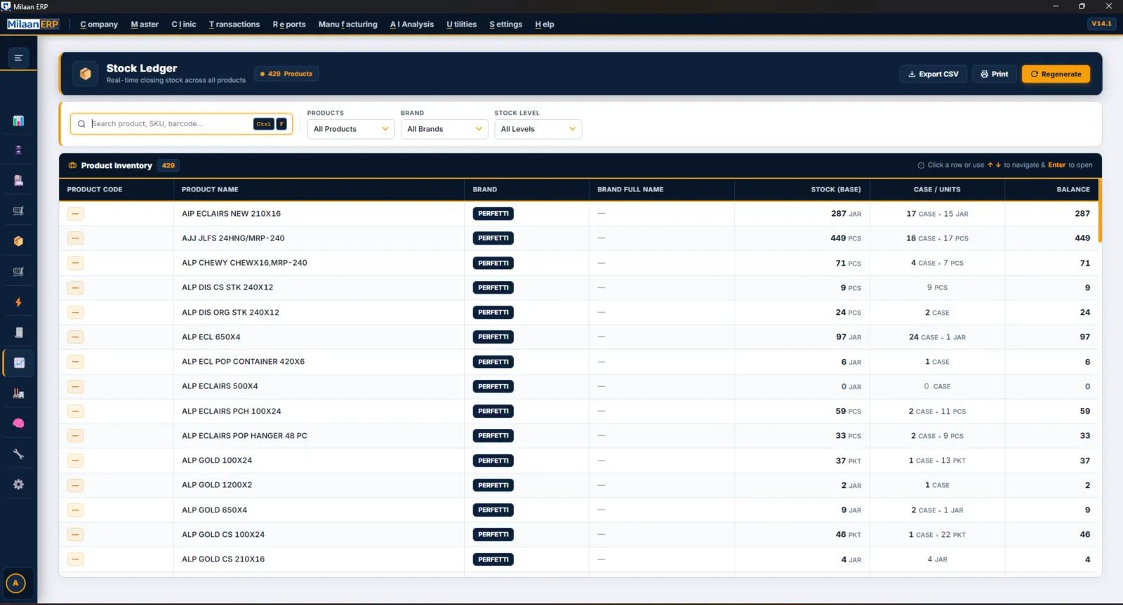Stock ledger showing real-time closing stock across all products