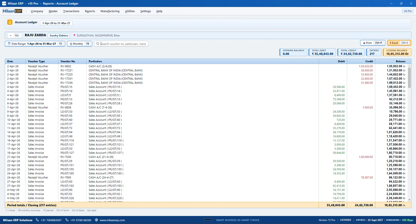 Customer account ledger with opening balance, debit, credit and running closing balance