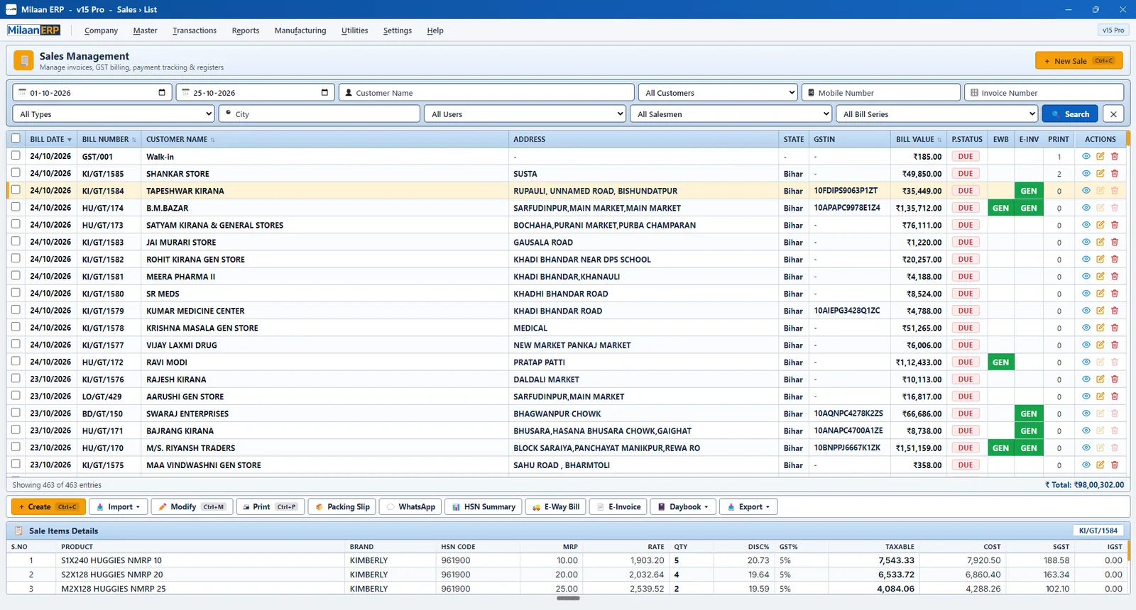 Sales management list with bill value, payment status, E-Way Bill and E-Invoice status
