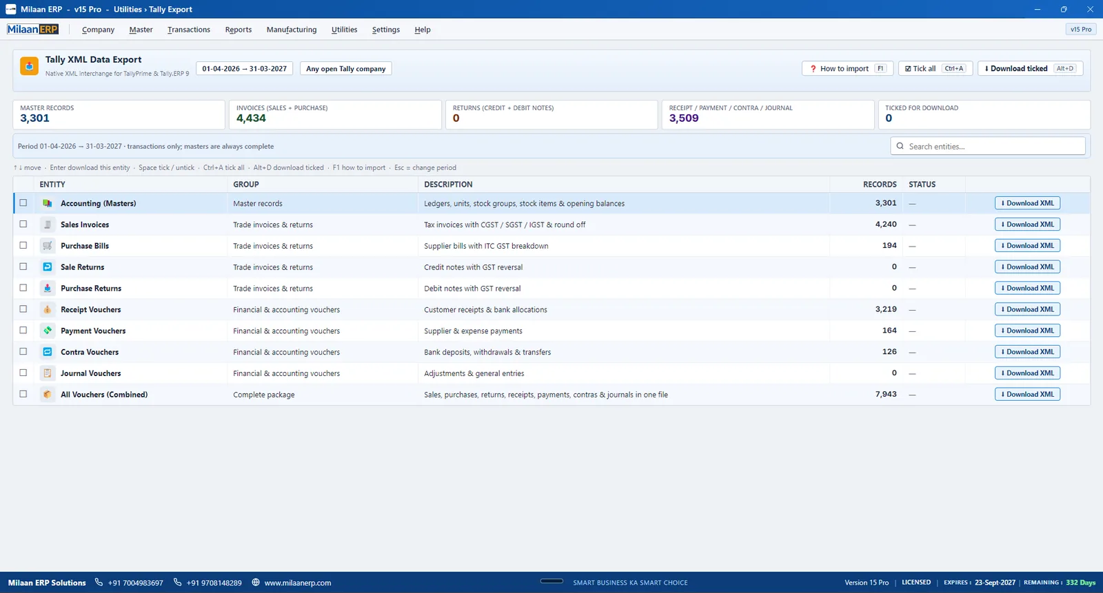 Tally XML data export for masters, sales, purchases, receipts, payments, contra and journal vouchers